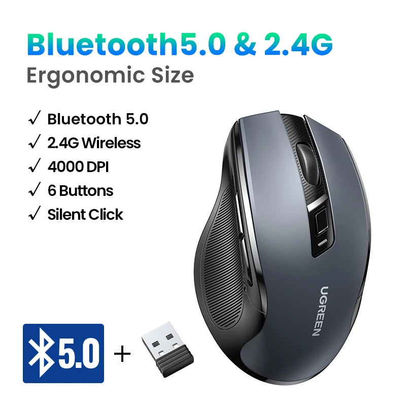 FanzyMarket wireless Bluetooth 5.0 ergonomic mouse with dual mode, silent buttons, 4000 DPI, suitable for laptops, MacBooks, and tablets.