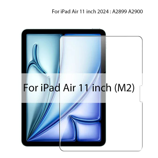 Three FanzyMarket tempered glass screen protectors for iPad Air 11-inch, with anti-scratch HD protection, shown on the tablet.