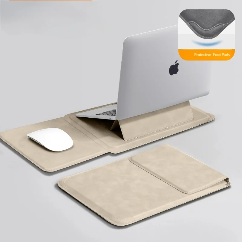 FanzyMarket khaki PU laptop sleeve with built-in stand for 13-16 inch laptops, slim protective case designed for office and tech use.