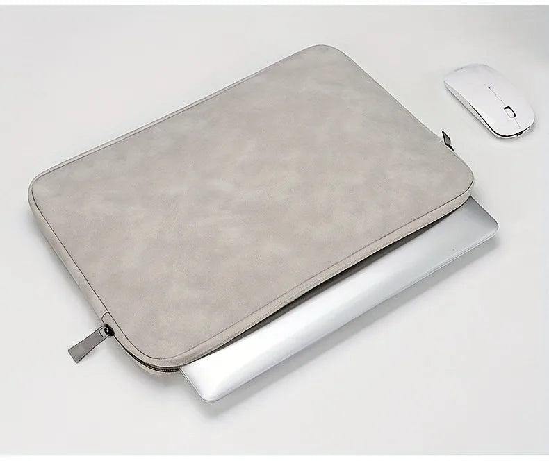 Light gray PU leather laptop sleeve for 11-15 inch laptops, slim and protective case by FanzyMarket.