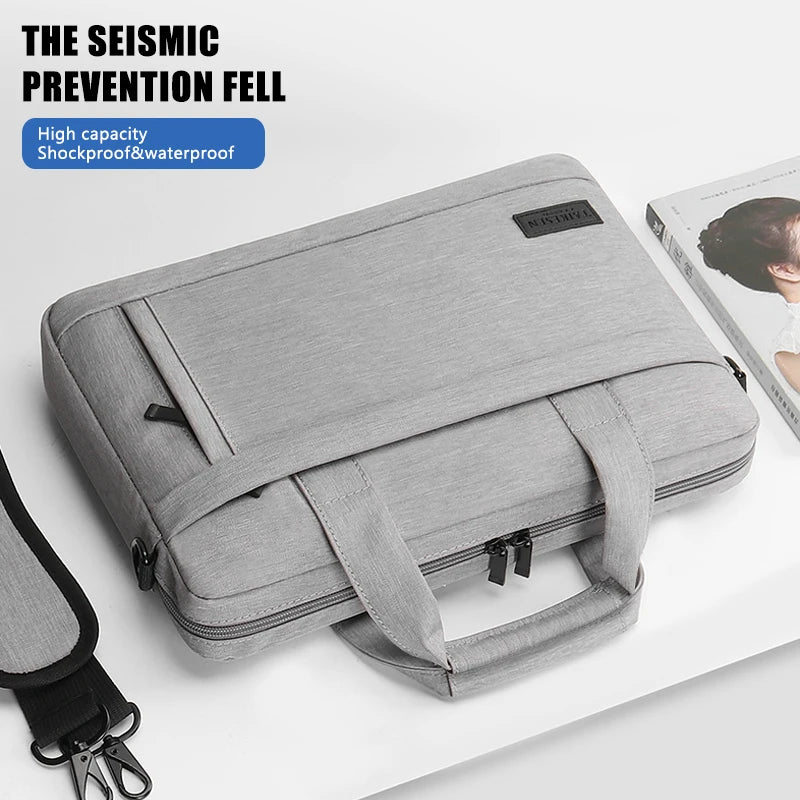 FanzyMarket canvas laptop sleeve briefcase for 13-17 inch laptops, with zippered shoulder strap in deep grey color.