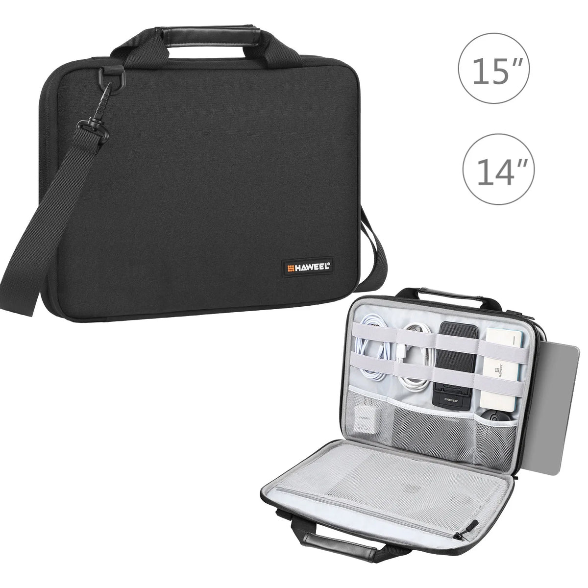 FanzyMarket black laptop briefcase crossbody bag for 13-16 inch laptops, slim water-resistant sleeve with shoulder strap.
