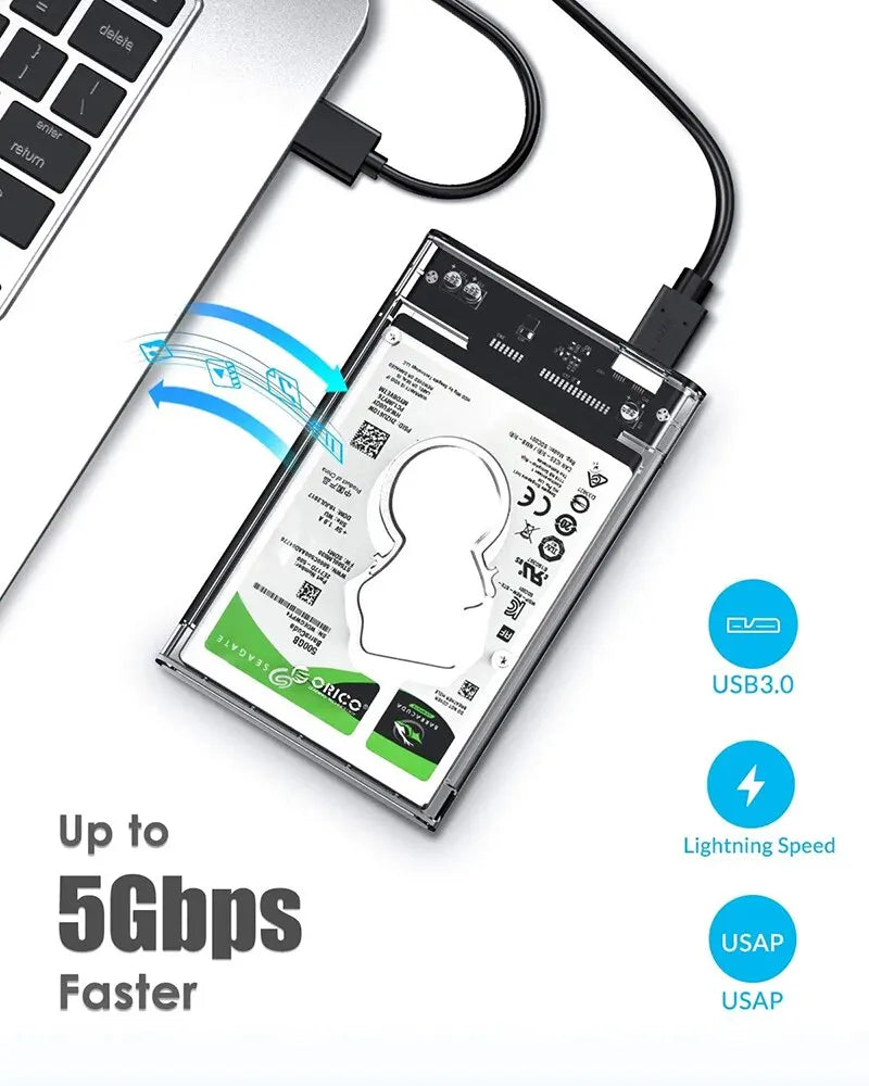 USB 3.0 to SATA III 2.5-Inch HDD SSD Enclosure Transparent Tool-Free 7mm/9.5mm External Hard Drive Case