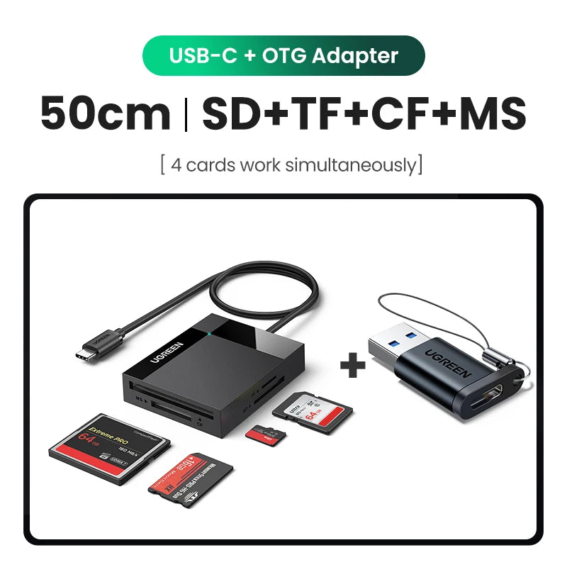 FanzyMarket 4-in-1 USB 3.0 and USB-C card reader for SD, MicroSD, CF, and MS cards, compatible with laptops, PCs, and tablets.