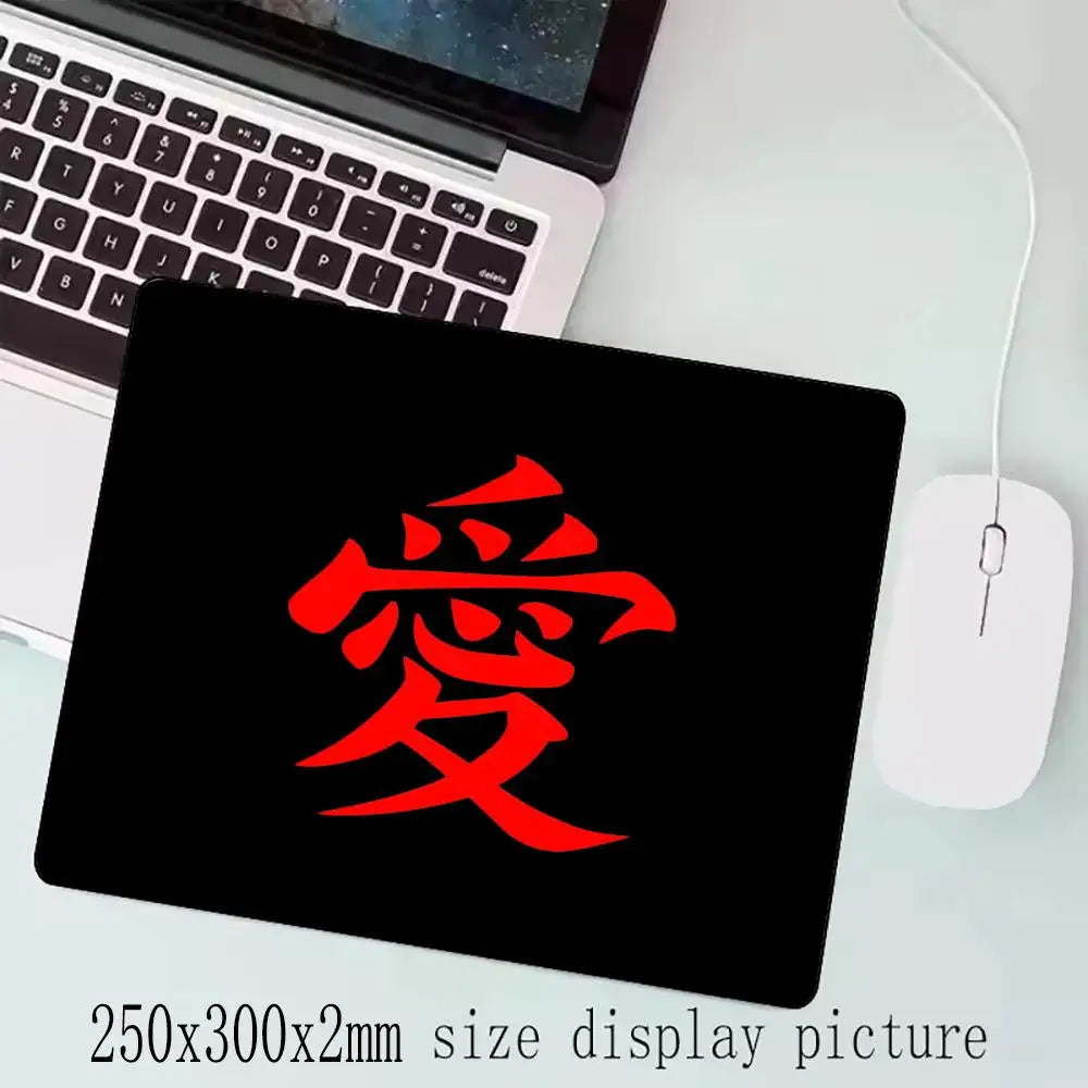FanzyMarket gaming mouse pad with locking edge, love calligraphy design, microfiber surface, non-slip rubber base, 2-5mm thickness
