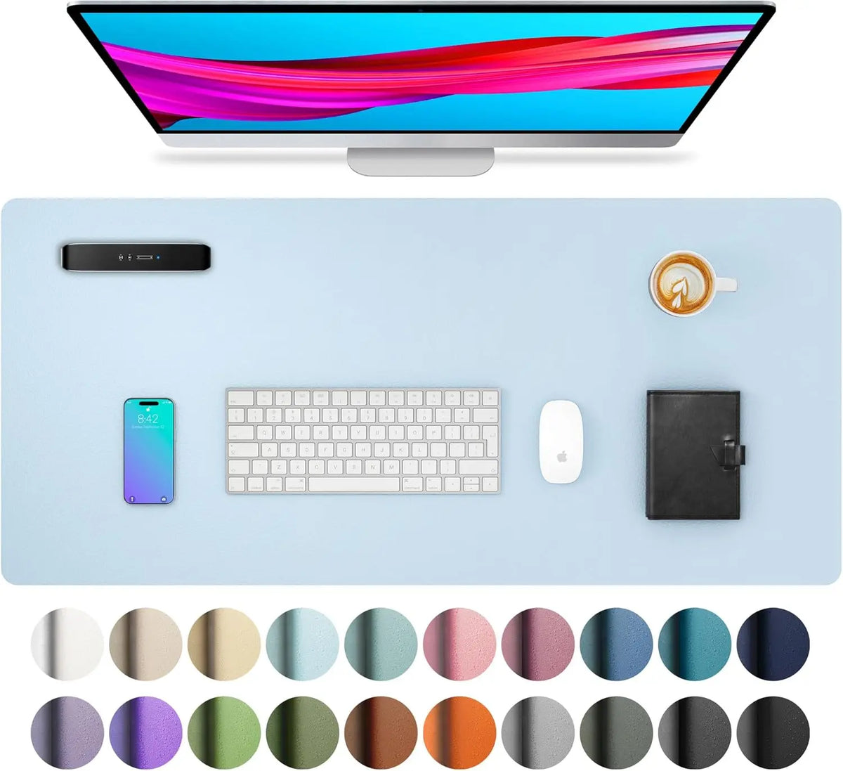 Lavender large waterproof PU leather desk mat for office and home, fits keyboard, mouse, and writing accessories.