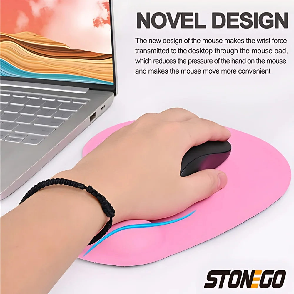 Pink ergonomic wrist rest mouse pad with neoprene EVA support and non-slip base, designed for comfortable office and tech use.