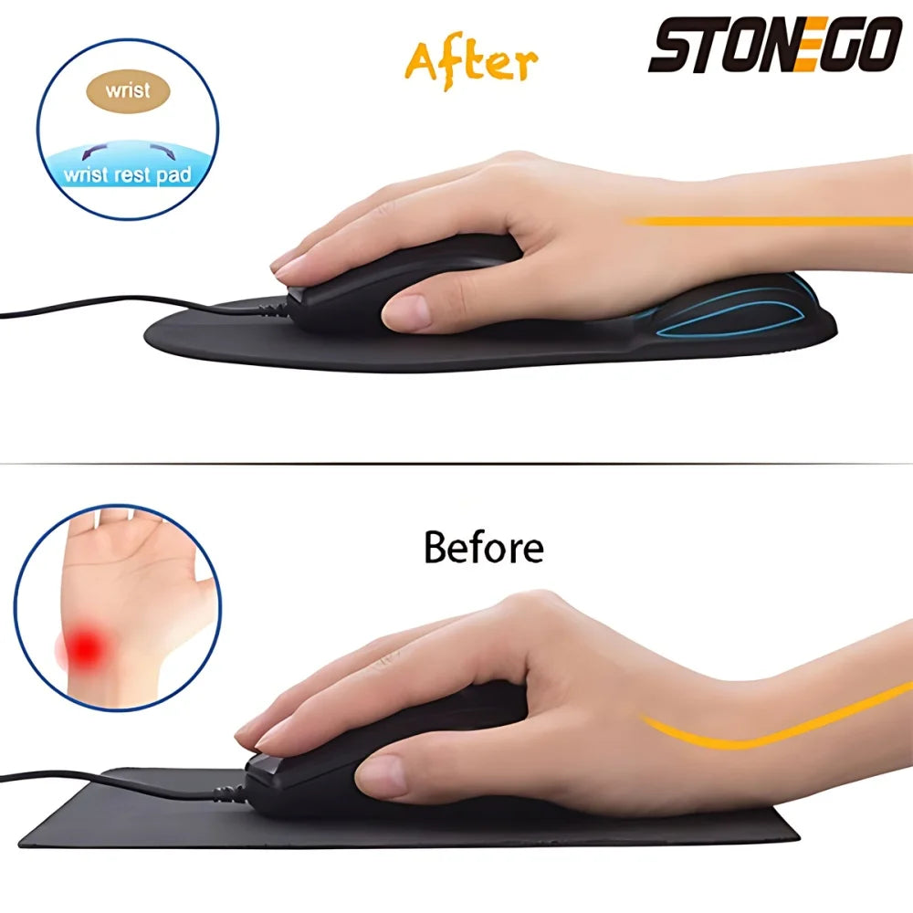 Pink ergonomic mouse pad with wrist rest, neoprene EVA support, non-slip base, designed for comfortable office and tech workspace use.