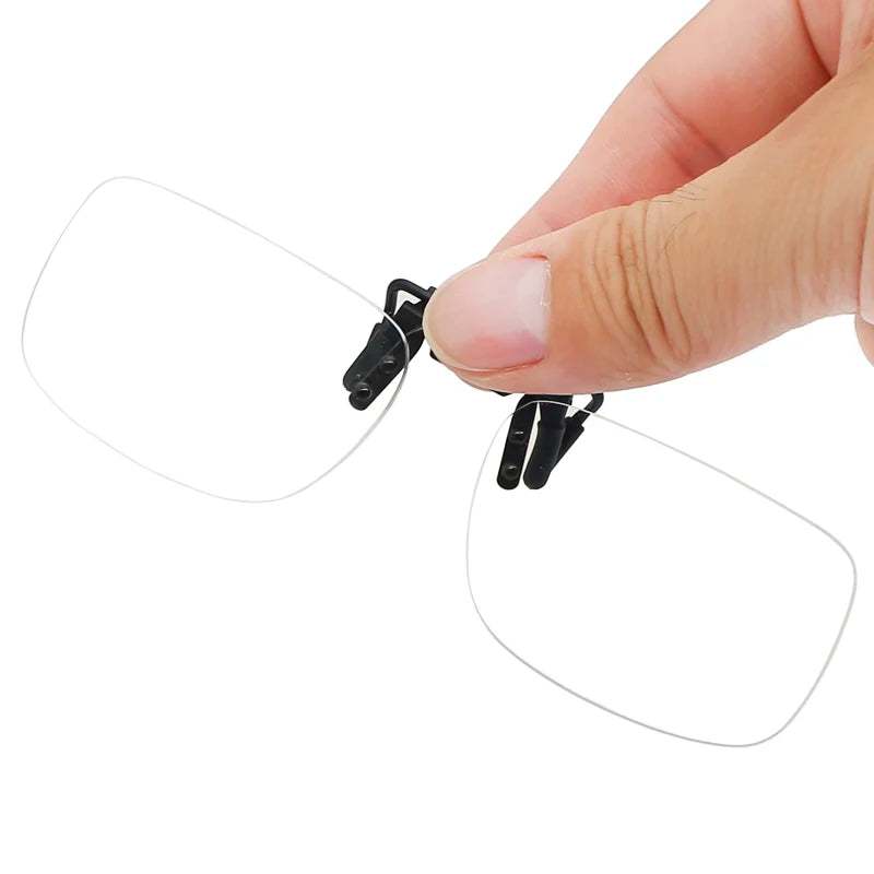 Ultra-light clip-on flip-up rimless reading glasses with presbyopic magnifiers in +1.0, +1.5, +2.0 diopters, designed for office use.