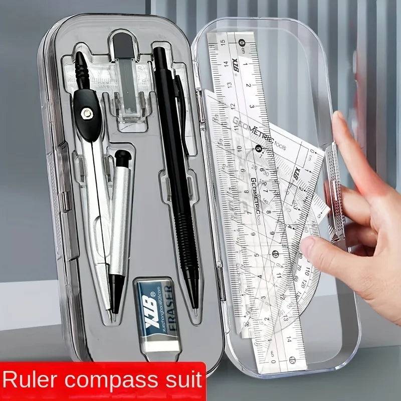 FanzyMarket 8-piece geometry drawing set includes compass, mechanical pencil, protractor, ruler, tripod, and storage case for school use.