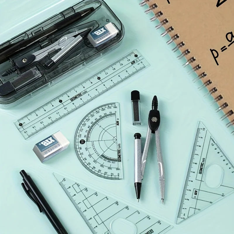 FanzyMarket 8-piece geometry drawing set includes compass, mechanical pencil, protractor, ruler, tripod, and storage case for school use.
