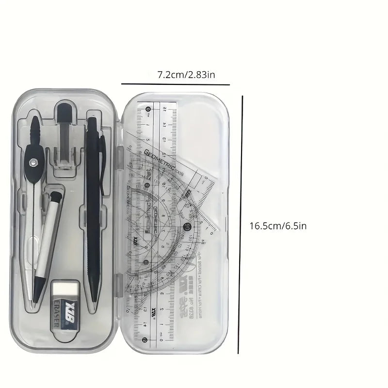 FanzyMarket 8-piece geometry drawing set with compass, mechanical pencil, protractor, ruler, tripod, and storage case for school use.