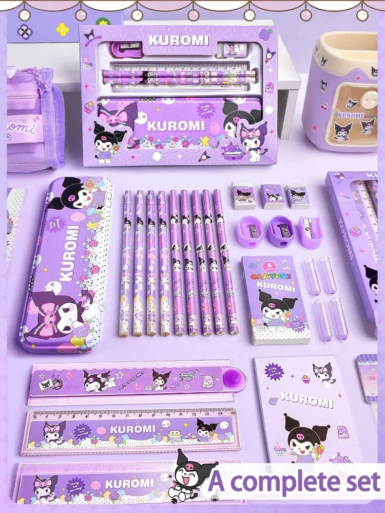 12-piece Kawaii character stationery set with pencils, erasers, and rulers featuring My Melody, Kuromi, Hello Kitty, Pochacco, and Cinnamoroll.