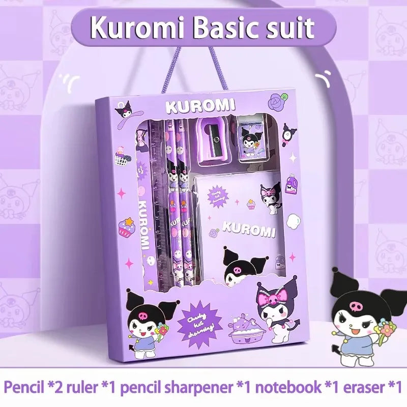 Kawaii character stationery set with pencils, erasers, and rulers featuring My Melody, Kuromi, Cinnamoroll, Pochacco, Pompompurin, and Hello Kitty.
