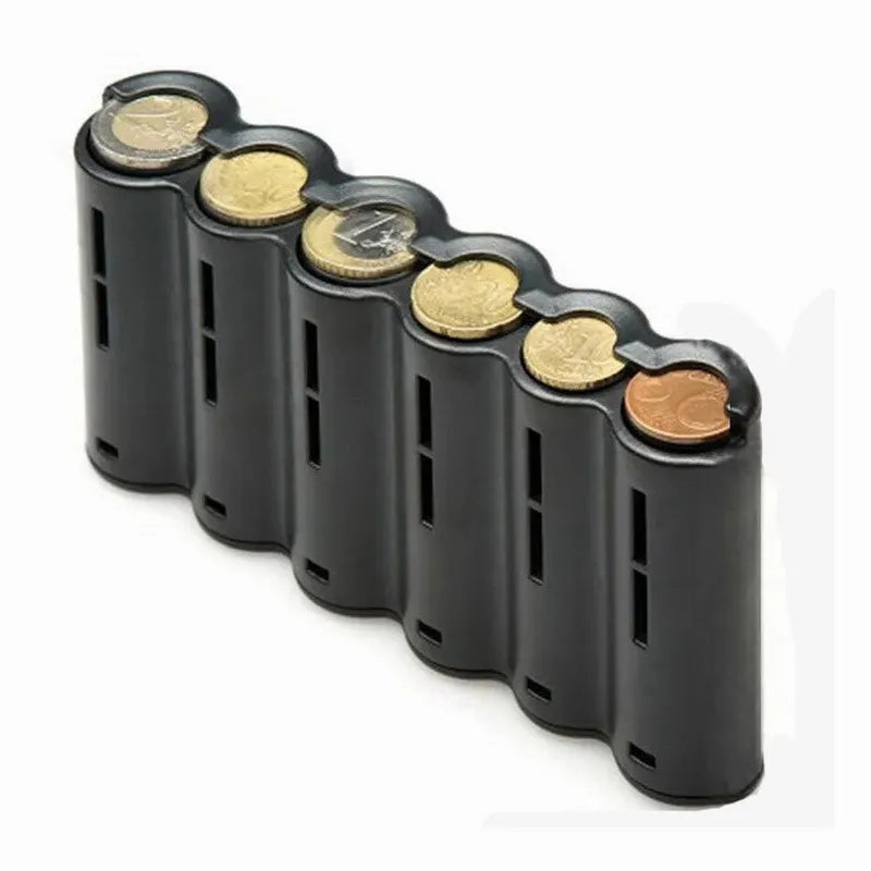 FanzyMarket portable 6-slot euro coin dispenser with spring, transparent and compact for cashiers, waiters, and drivers.
