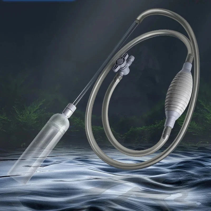 FanzyMarket handheld aquarium siphon vacuum pump showing water and gravel being cleaned in a fish tank.