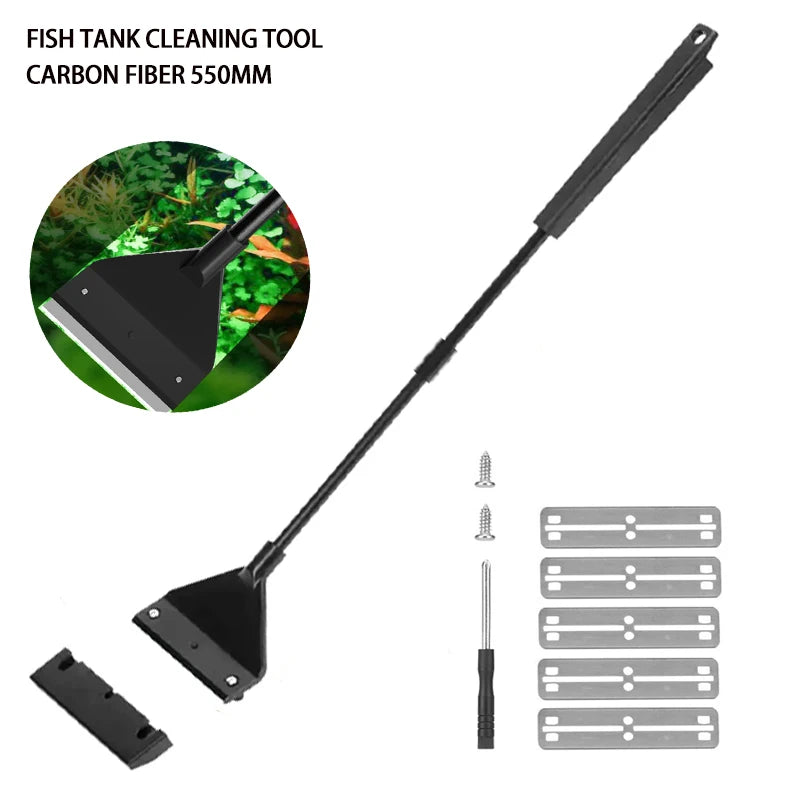 FanzyMarket aquarium algae scraper with 55cm carbon fiber handle, ABS head, and five replaceable blades for cleaning small pet tanks.