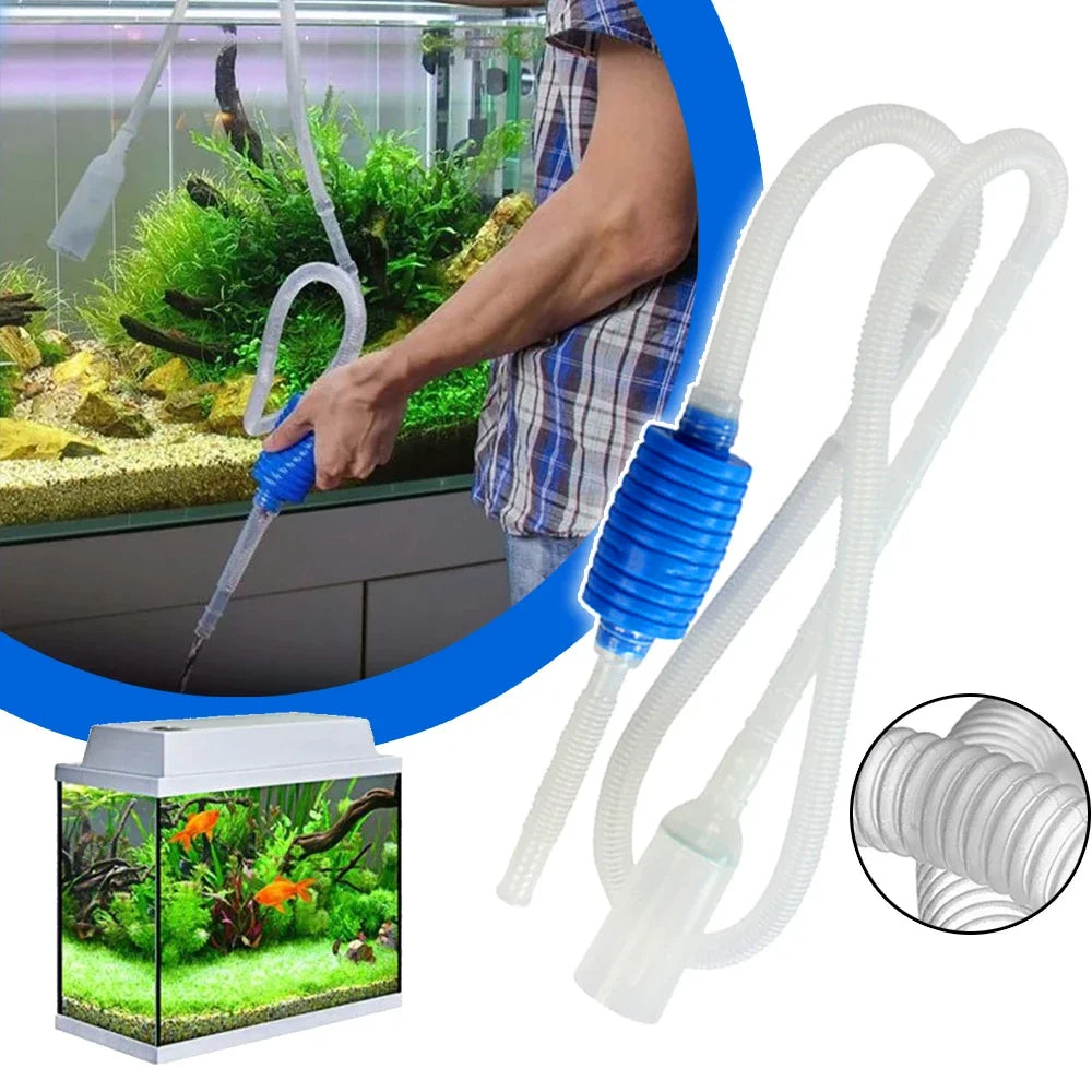 FanzyMarket aquarium siphon vacuum pump with flow control, semi-automatic fish tank gravel cleaner in 55 and 67-inch lengths.