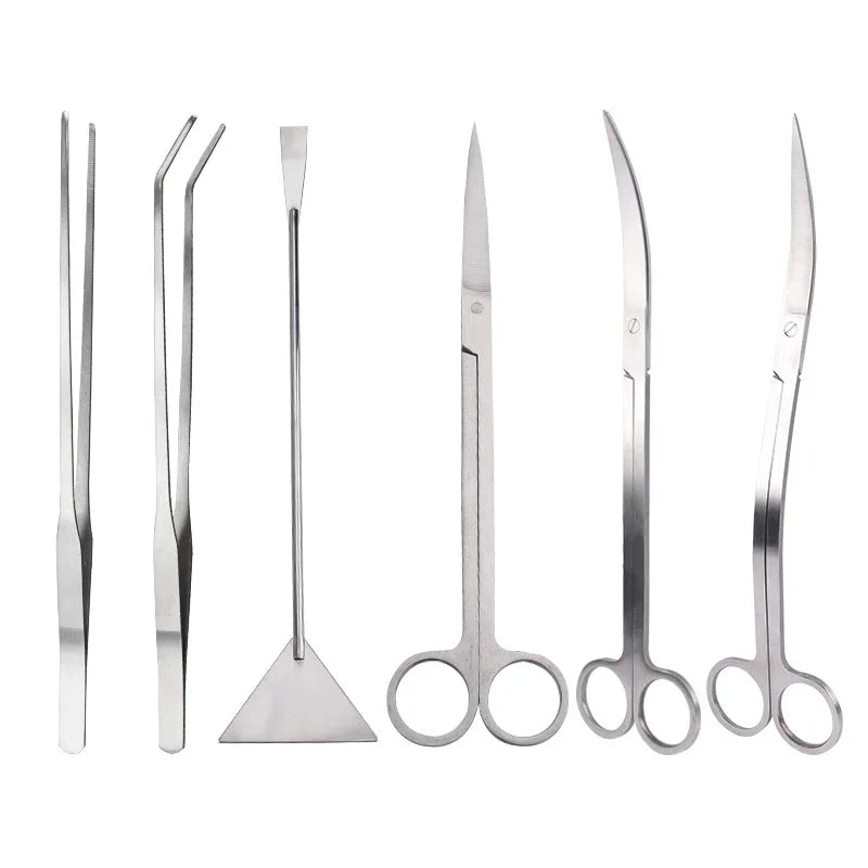 FanzyMarket stainless steel aquarium plant tool set with 25cm scissors, 27/38/48cm straight tweezers, and 32cm spatula for small pets.