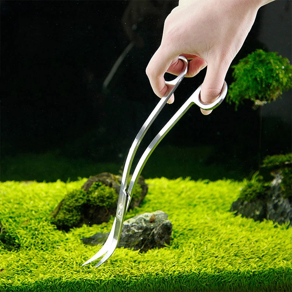 Stainless steel aquarium plant tool set with scissors, tweezers, and spatula in various lengths for small pet aquarium maintenance.