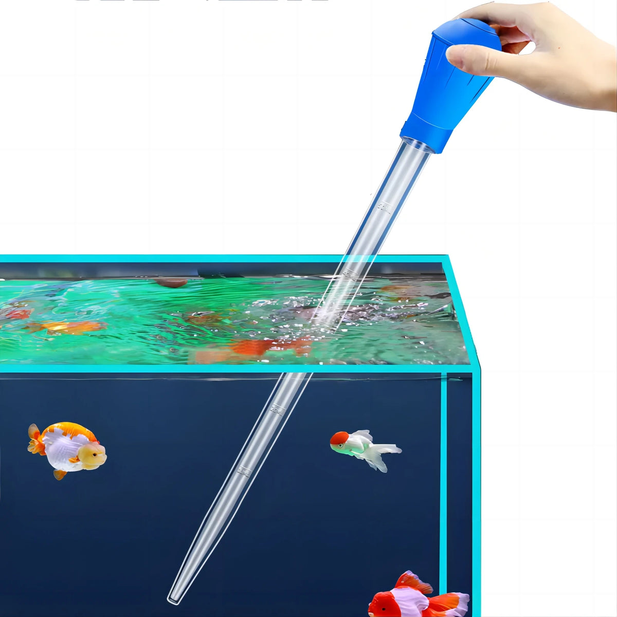 FanzyMarket extendable aquarium siphon vacuum cleaner with gravel cleaning tube, 30ml/50ml reservoir, and 26cm extension for fish tanks.