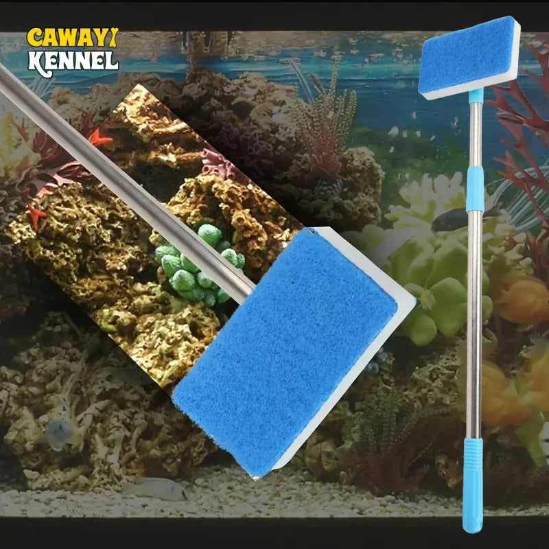 FanzyMarket telescopic aquarium algae scrubber with double-sided sponge brush, adjustable 180° for cleaning fish tanks and glass.