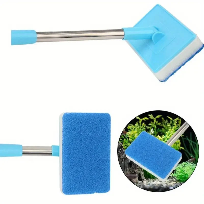 FanzyMarket telescopic aquarium algae scrubber with double-sided sponge brush, adjustable 180° for cleaning fish tanks and glass.