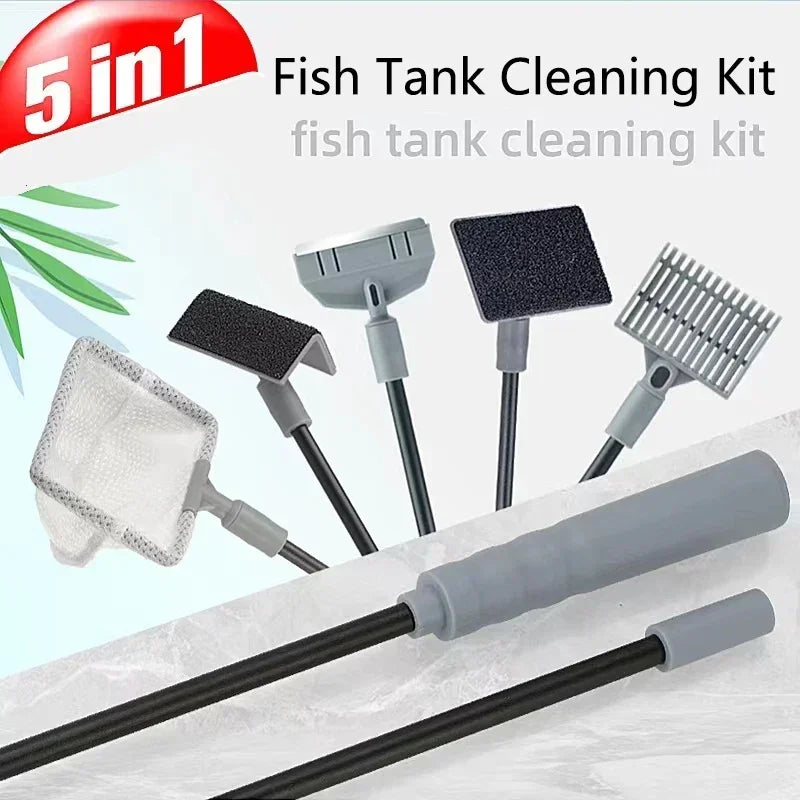 FanzyMarket Aquarium Fish Tank Cleaning Kit 3-in-1 and 5-in-1 with algae scraper, net, sponge cleaner for small pet aquariums.