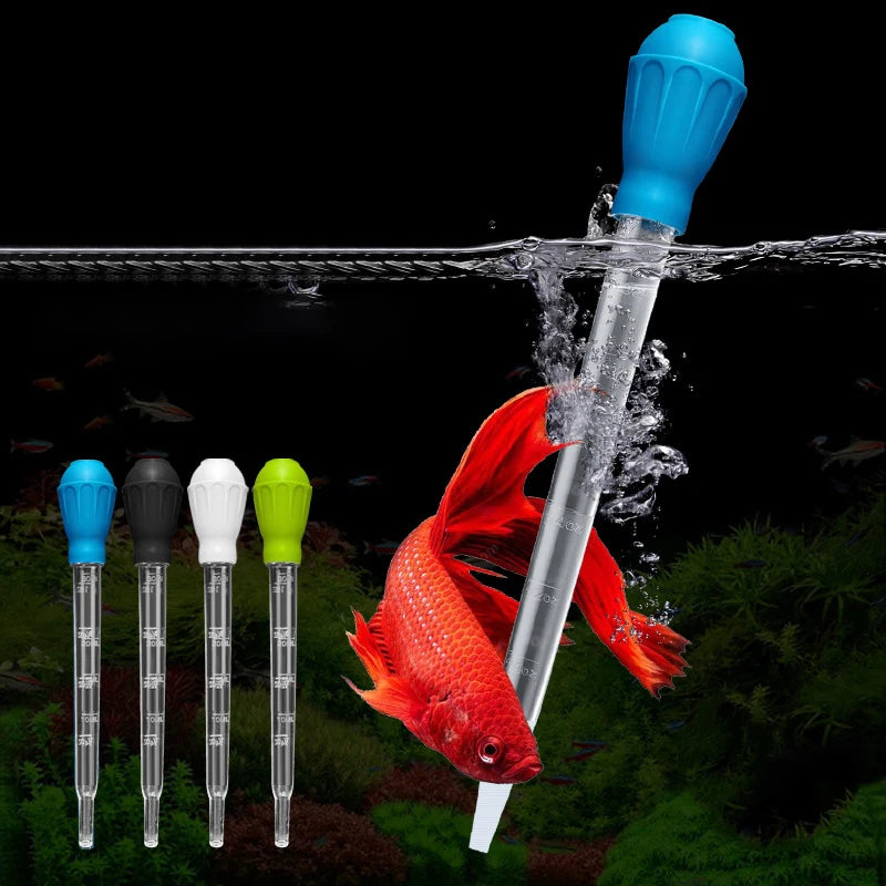 Black aquarium siphon pipette water changer with adjustable length, suitable for fish tanks and small pet aquariums.