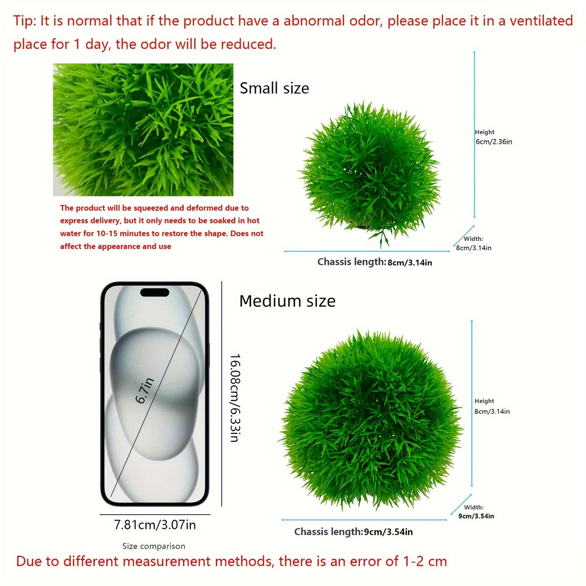 FanzyMarket faux aquarium grass ball, fade-resistant artificial water plant for fish tank decor, natural green color, suitable for aquariums.