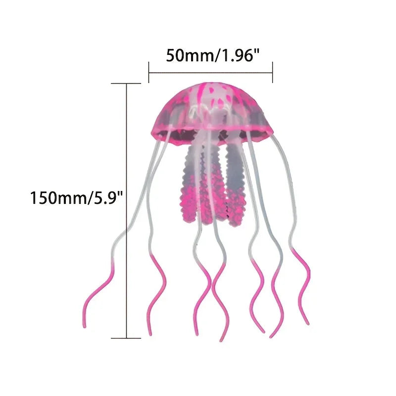 FanzyMarket glowing purple jellyfish aquarium ornament with luminous tentacles swimming in small pet fish tank decor.