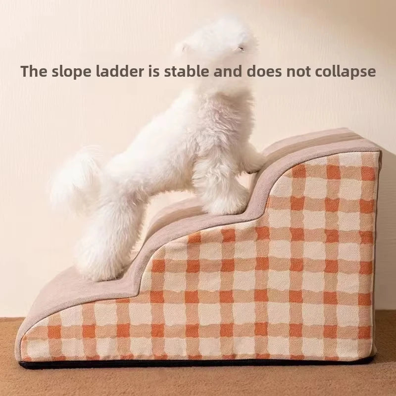 Pink high-density foam pet stairs with 2 or 3 steps, non-slip surface, for dogs and cats to reach sofas or beds safely.