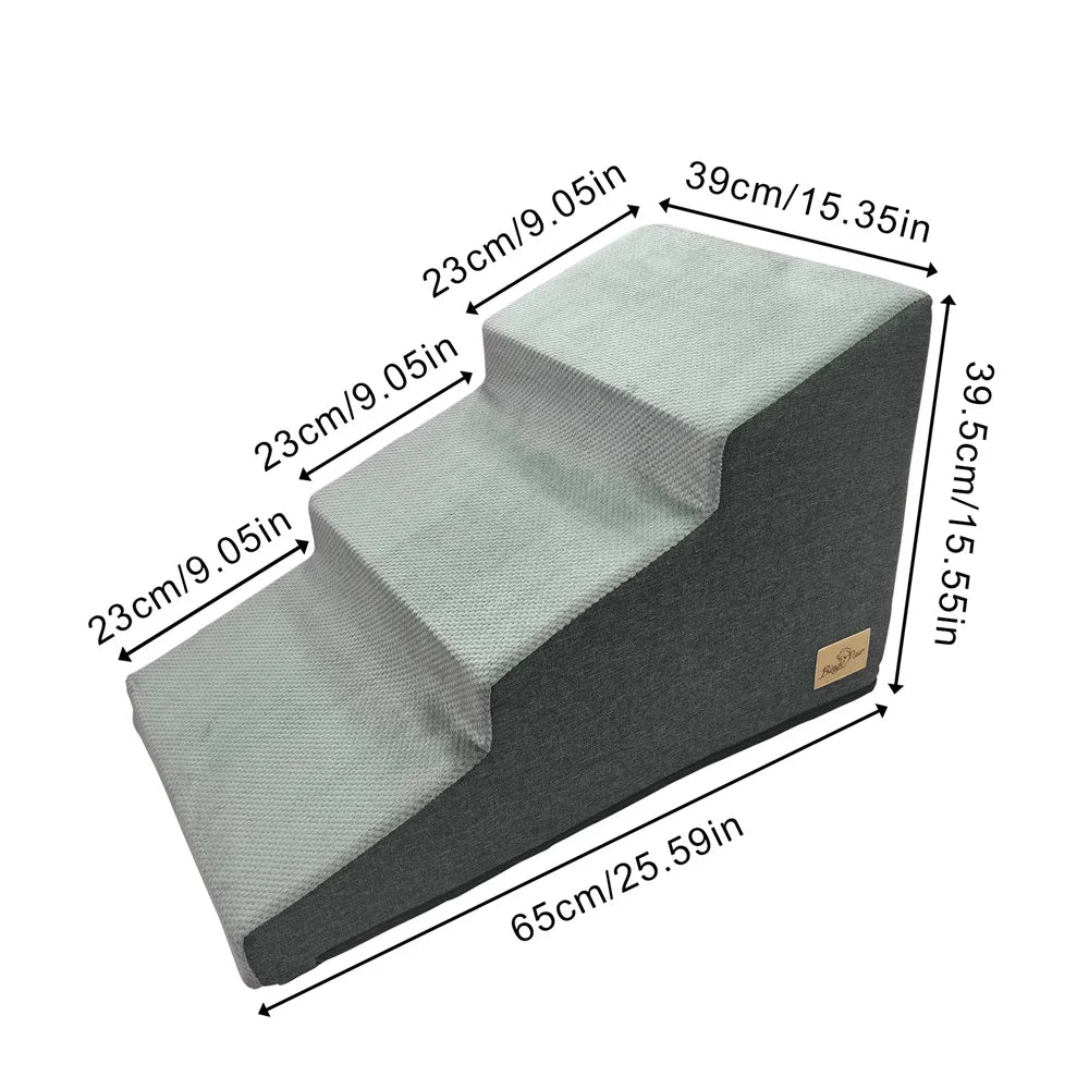 FanzyMarket pet stairs with 3-4 steps, high-density foam, washable cover, and non-slip surface for dogs and cats to reach furniture easily.