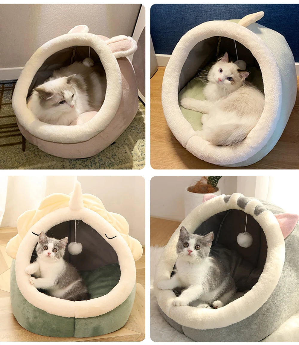 FanzyMarket plush cartoon cat bed, foldable and washable pet cave bed for cats and small dogs, featuring soft plush interior.