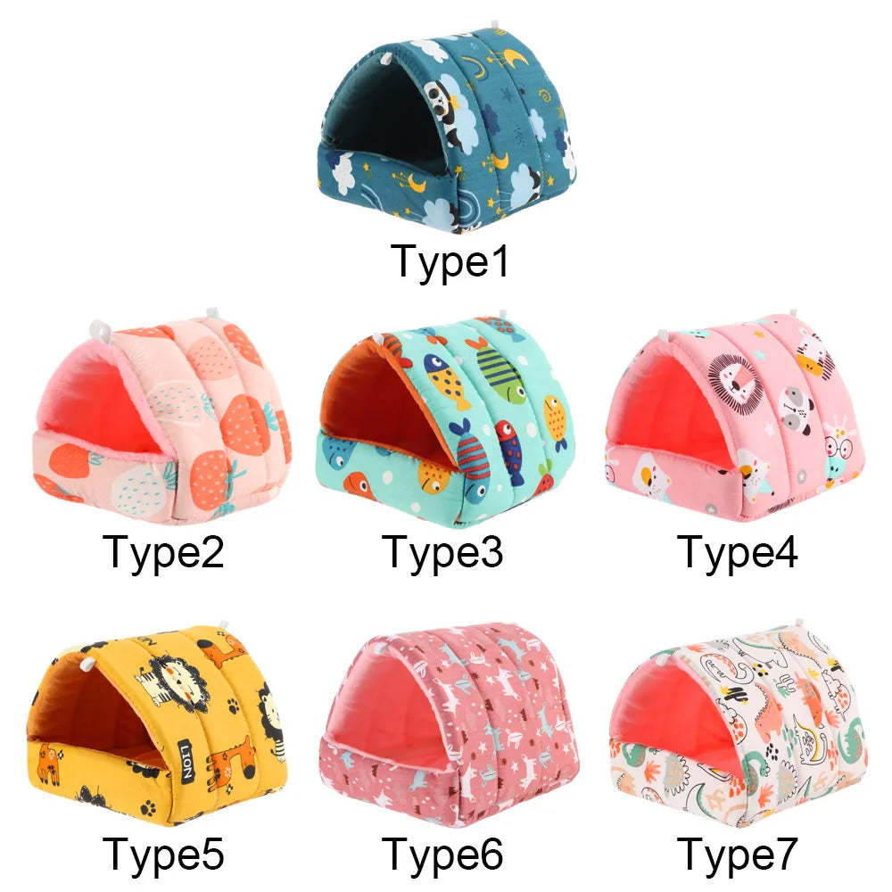 Cute cartoon plush hanging pet nest for small animals like hamsters, guinea pigs, and rabbits, in various sizes for cozy sleeping.