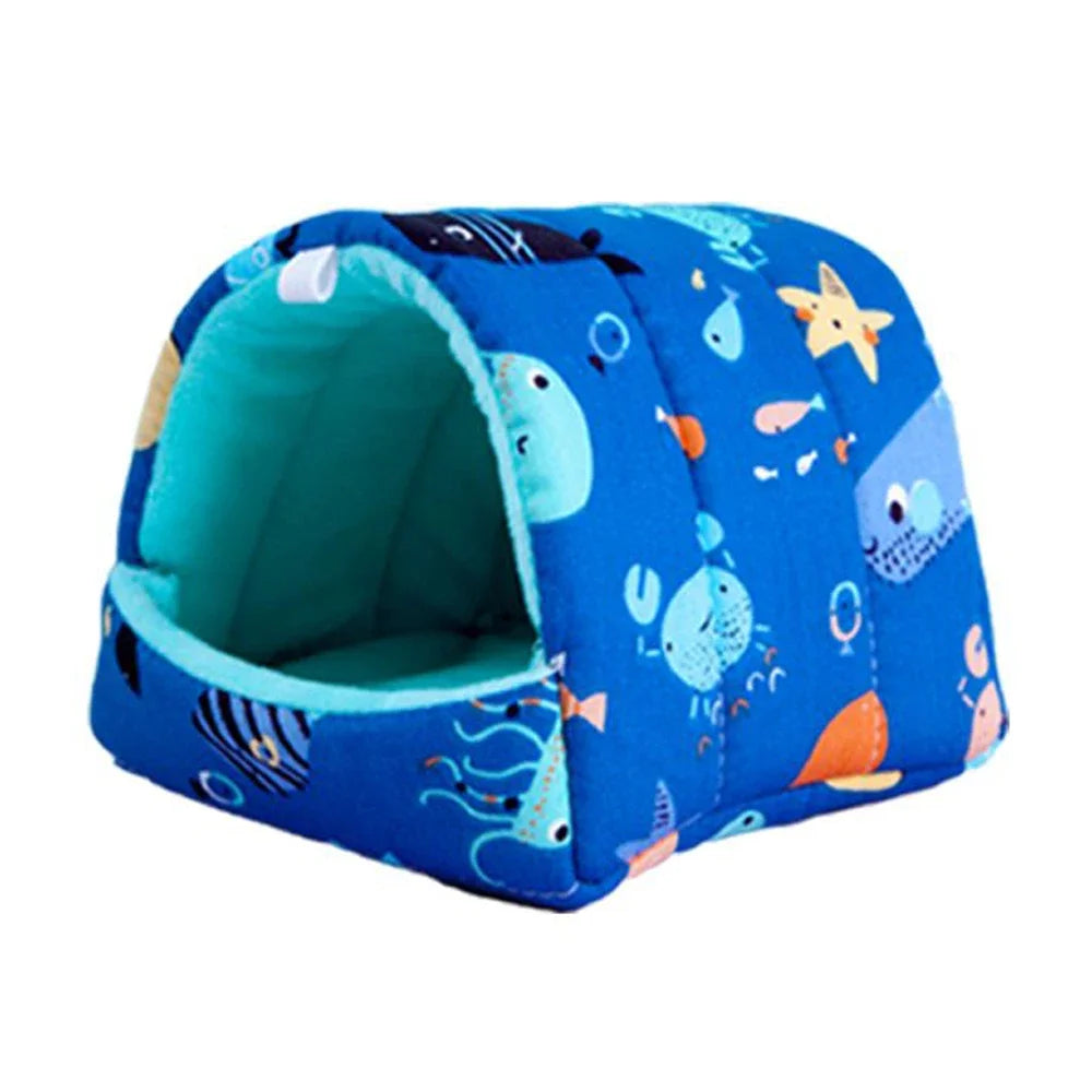 FanzyMarket plush hanging pet nest for hamsters, guinea pigs, and rabbits, cozy cartoon design in various sizes for small animals.