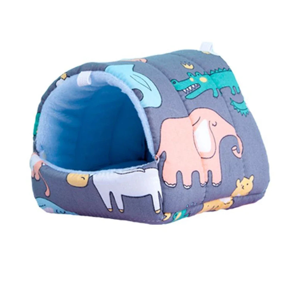 FanzyMarket plush hanging pet nest for hamsters, guinea pigs, and rabbits, cozy cartoon-themed sleeping bed in various sizes.