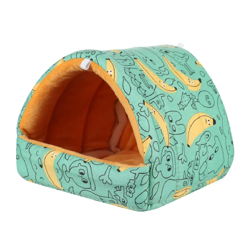 FanzyMarket plush hanging pet nest for hamsters, guinea pigs, and rabbits, cozy cartoon design in multiple sizes.