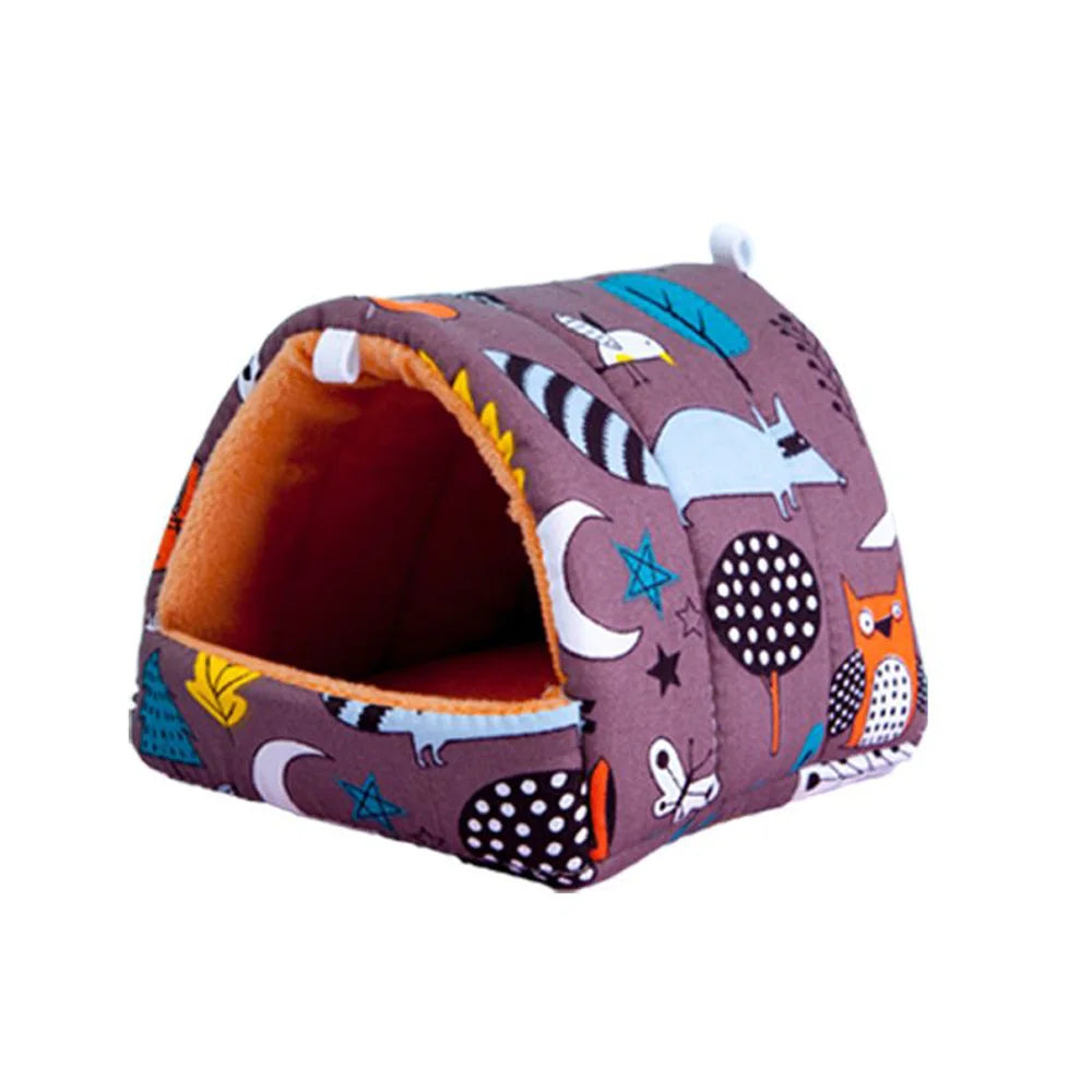 FanzyMarket plush hanging pet nest for hamsters, guinea pigs, and rabbits, cozy cartoon design in multiple sizes for small animals.