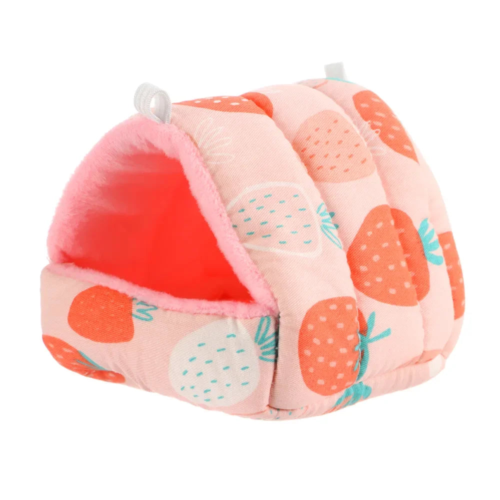 FanzyMarket plush hanging pet nest for hamsters, guinea pigs, and rabbits, cozy cartoon design in small, medium, large, and extra-large sizes.