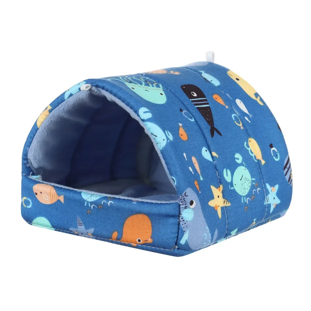 FanzyMarket plush hanging pet nest for small animals like hamsters, guinea pigs, and rabbits, cozy cartoon plush sleeping bed.
