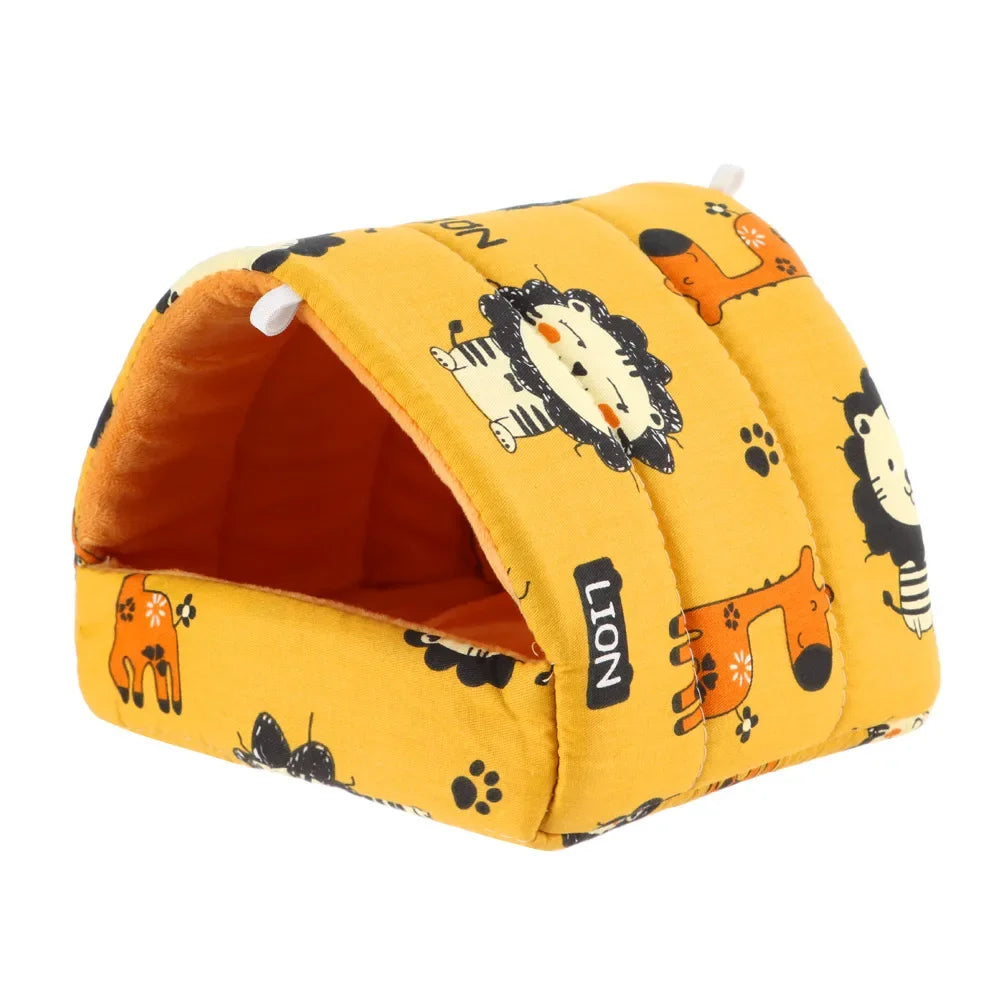 FanzyMarket plush hanging pet nest for hamsters, guinea pigs, and rabbits, cozy cartoon design in small, medium, large, and extra-large sizes.