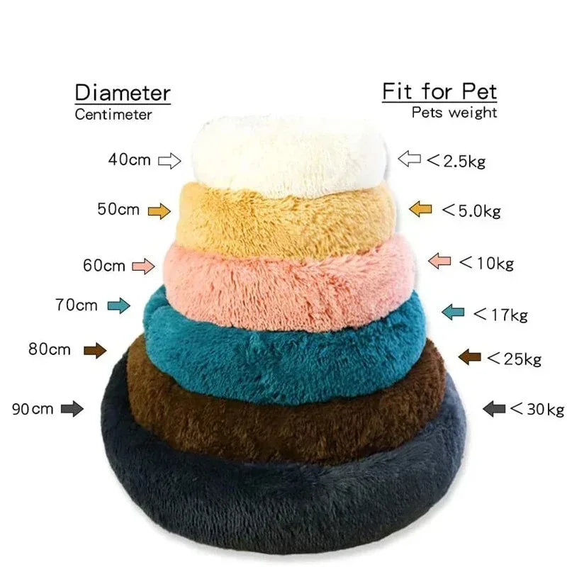 Round plush pet bed by FanzyMarket, washable cozy dog and cat sofa in multiple sizes, winter warm, 16-35 inches.
