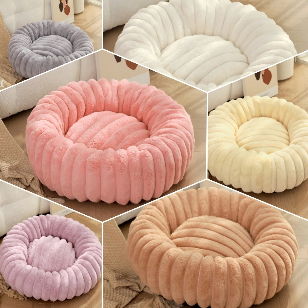 Large round washable faux fur pet bed by FanzyMarket, cozy all-season plush sofa for dogs and cats, off-white, 70cm diameter