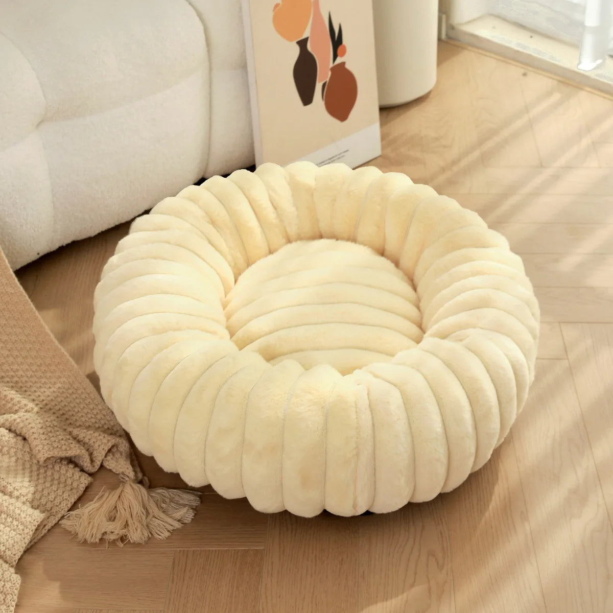 Large round washable faux fur pet bed for dogs and cats, off-white, cozy plush, all-season pet sofa by FanzyMarket