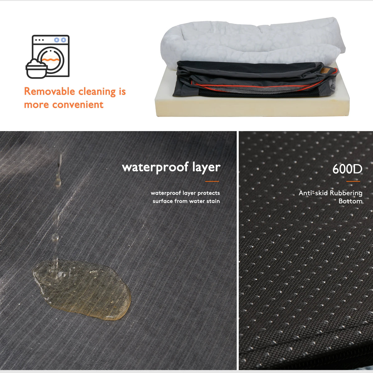 Dark grey orthopedic dog bed with cotton-padded bolster, removable washable cover, non-slip waterproof bottom, available in XL to 3XL size.