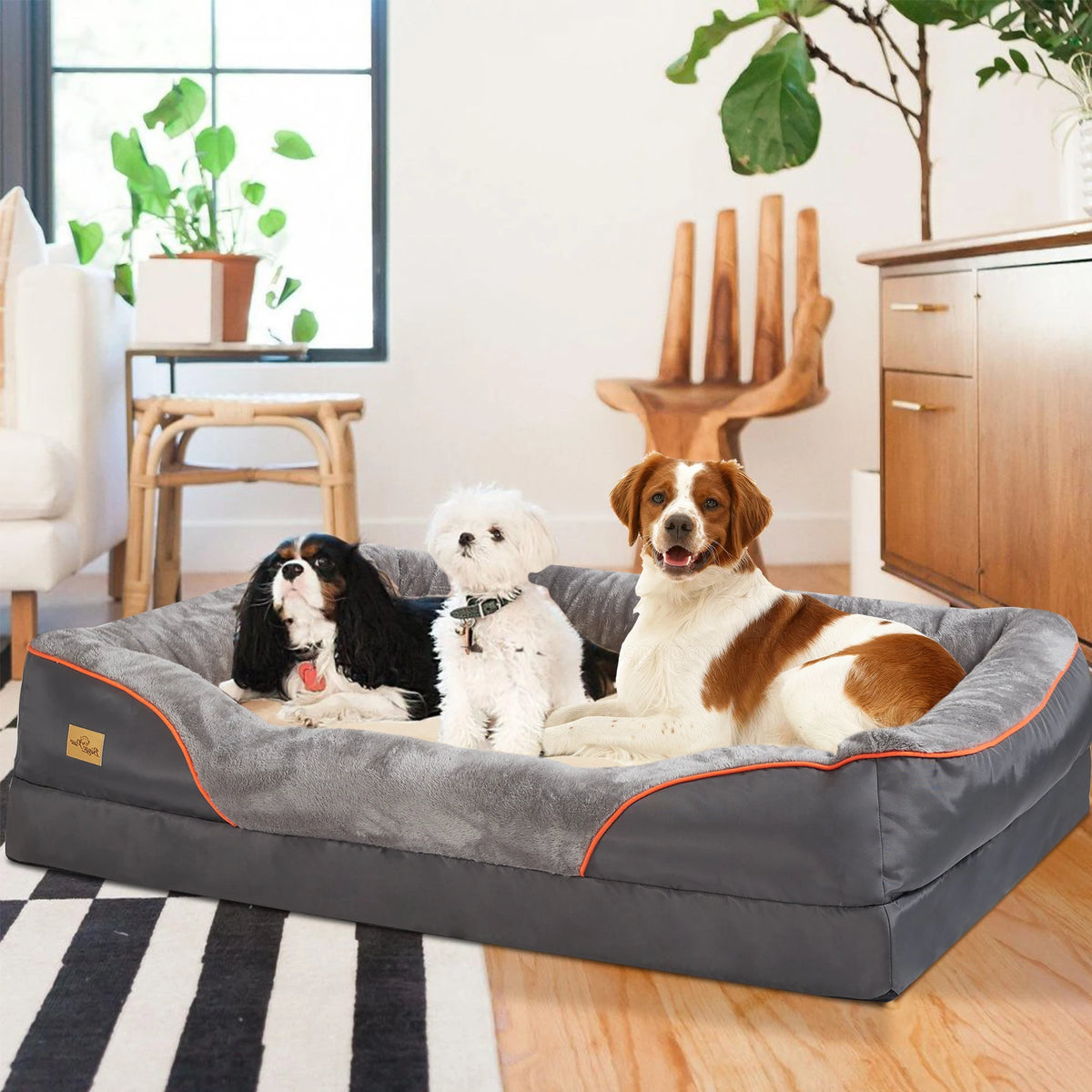 Dark grey orthopedic dog bed with cotton-padded bolster, removable washable cover, non-slip waterproof bottom in XL to 3XL sizes.