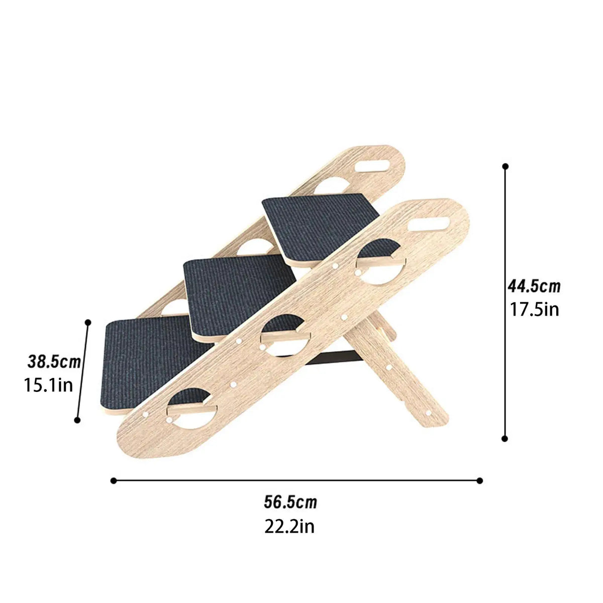 Foldable wooden 3-step pet stairs with non-slip surface, portable puppy steps for small dogs, suitable for sofa and bed access.