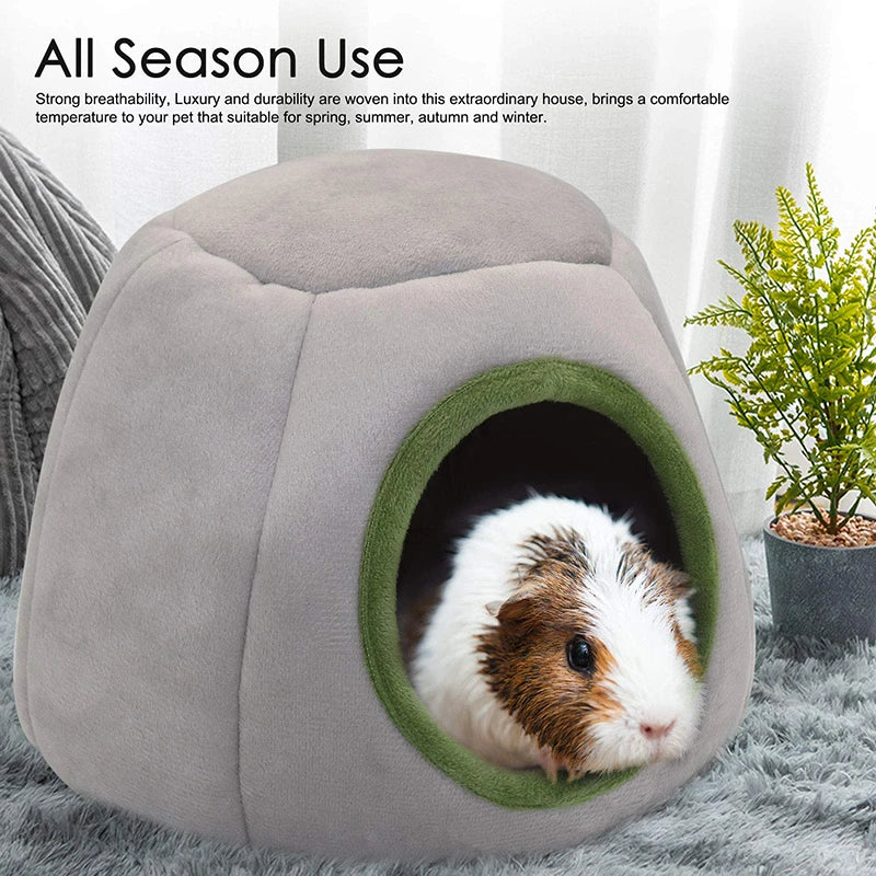 FanzyMarket plush small animal cave bed with cozy interior, ideal for hamsters, guinea pigs, rats, and hedgehogs in winter.