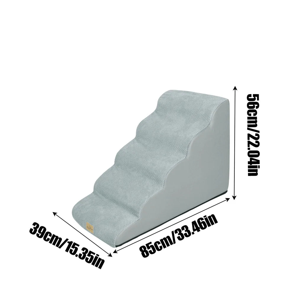 Gray 5-step foam dog stairs with non-slip surface and washable cover, supports up to 27 kg for high beds and sofas.